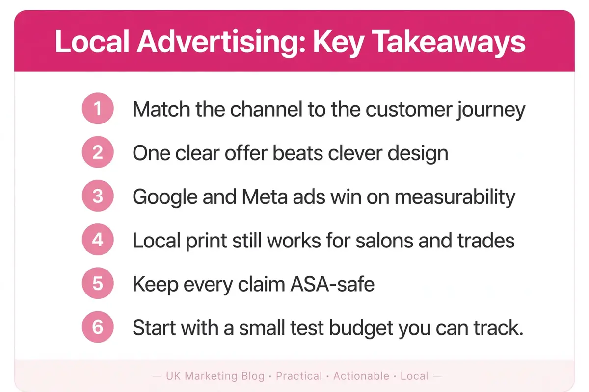 Key takeaways for local advertising: match the channel, lead with one offer, keep claims ASA-safe