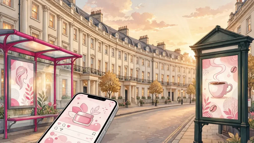 Local business advertising in Leamington Spa, ad channels illustrated on a spa-town high street