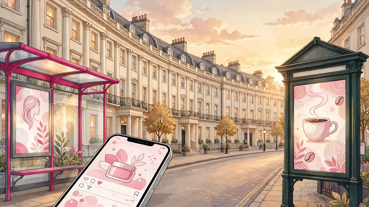 Local business advertising in Leamington Spa, ad channels illustrated on a spa-town high street