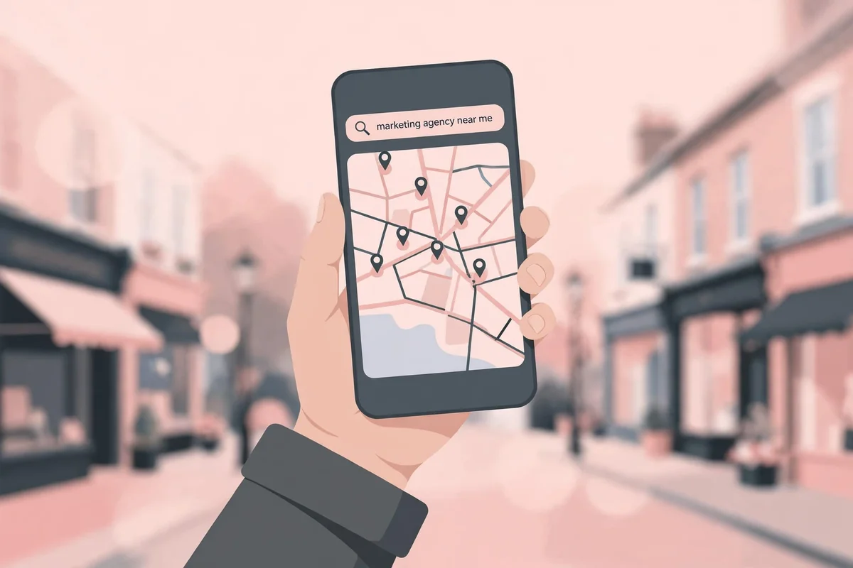 Illustration of a near-me local search for marketing agencies on a smartphone