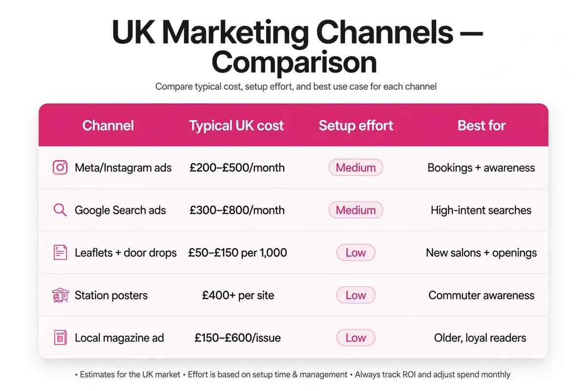 Comparison table of typical UK local advertising costs by channel