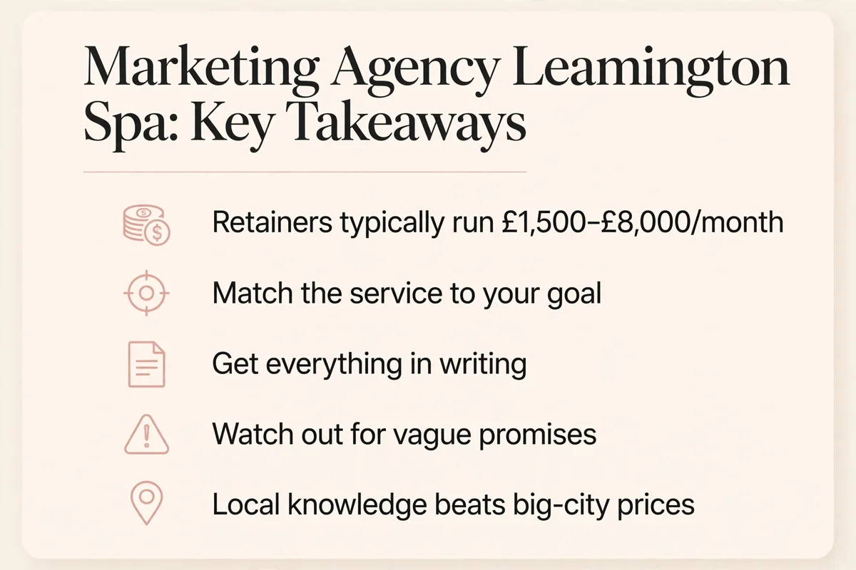 Key takeaways summary graphic for the marketing agency Leamington Spa guide