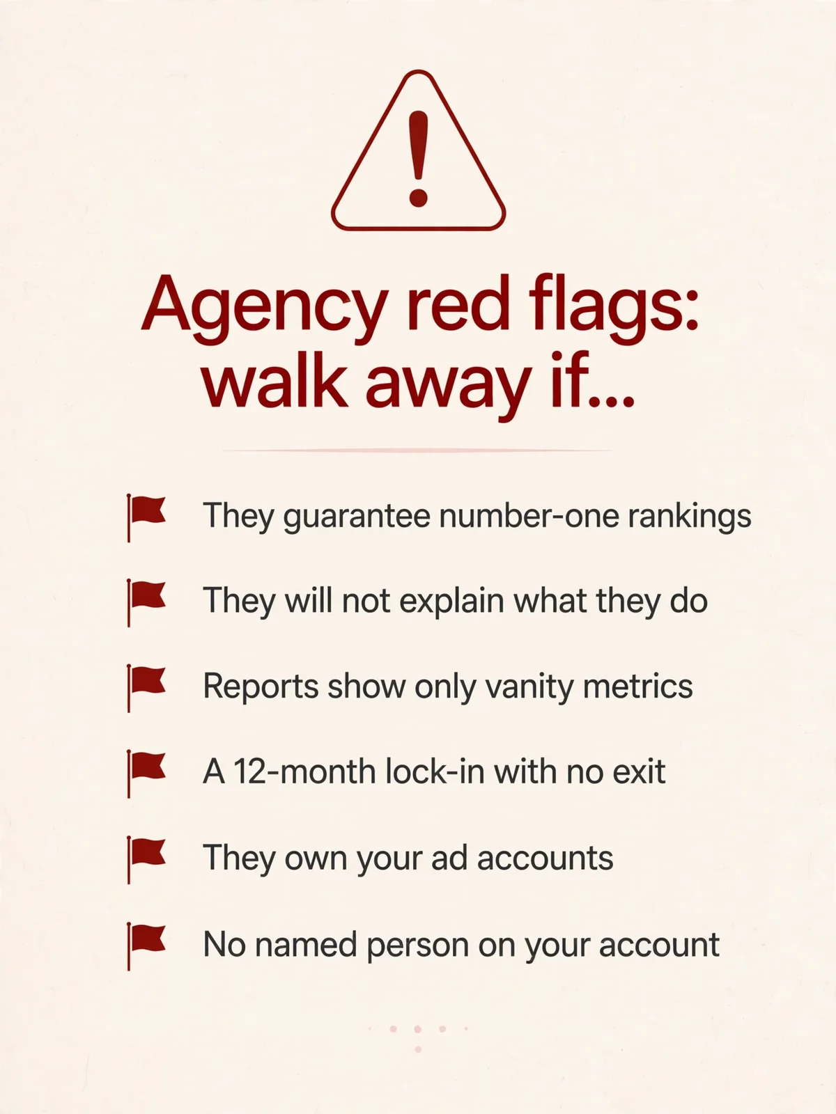 Warning graphic: agency red flags — walk away if they guarantee rankings, hide methods or lock you in