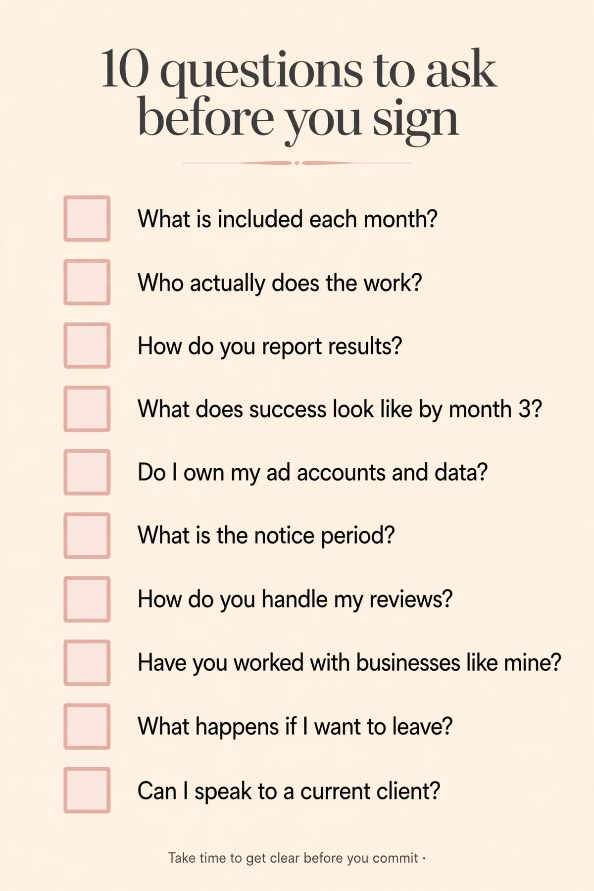 Checklist graphic: ten questions to ask a marketing agency before signing