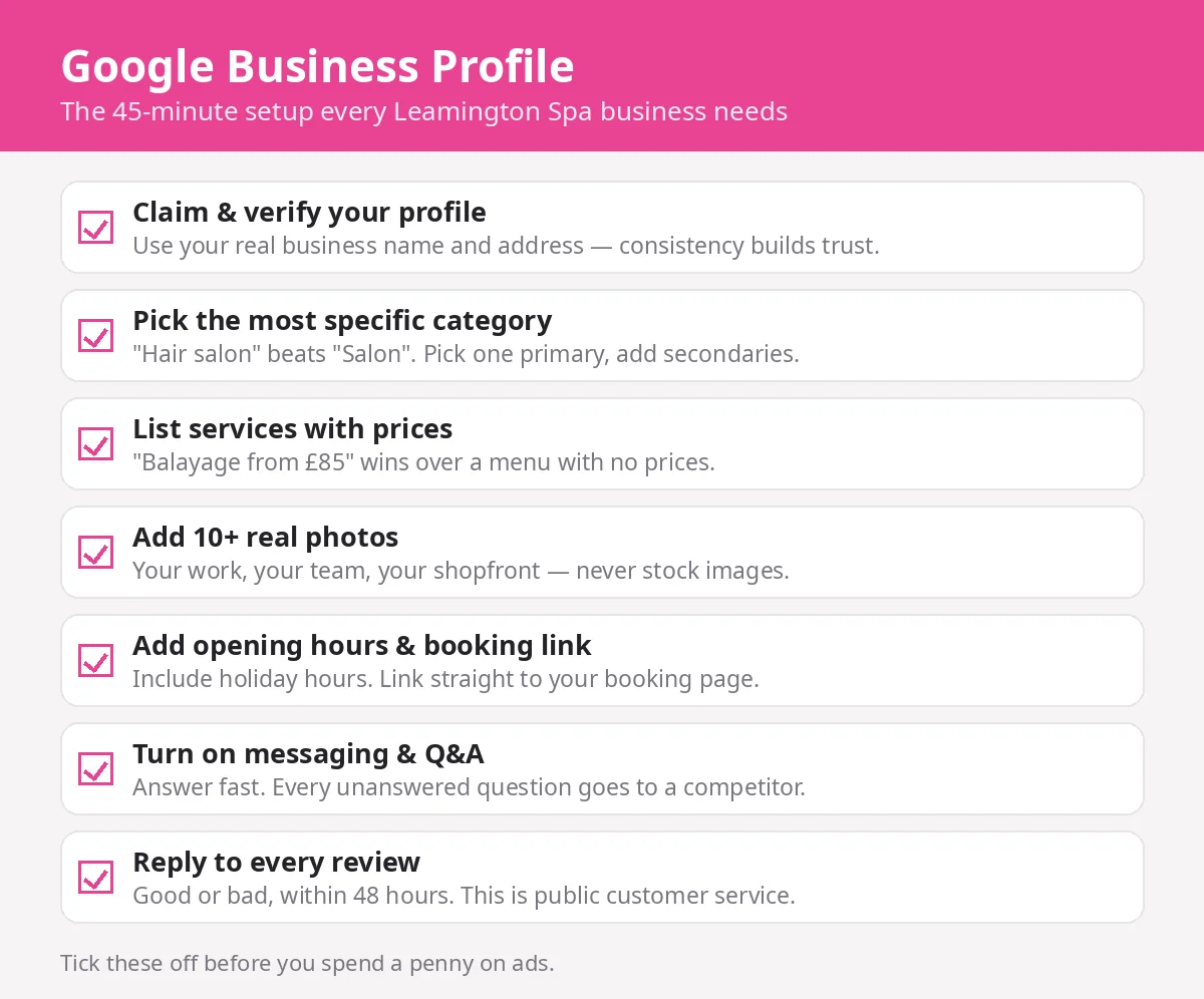 Google Business Profile setup checklist for Leamington Spa businesses