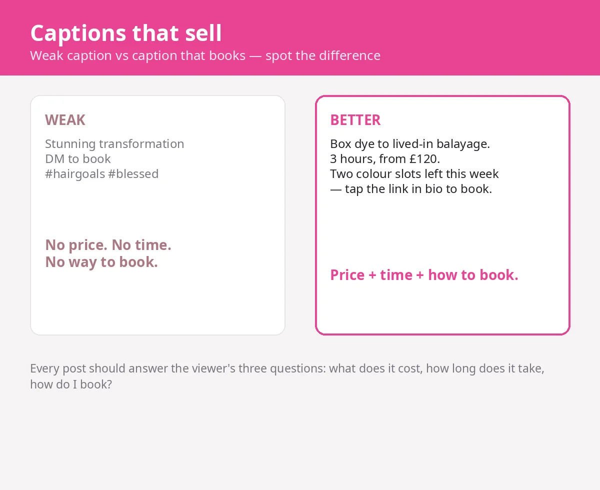 Before and after Instagram caption rewrite showing what sells