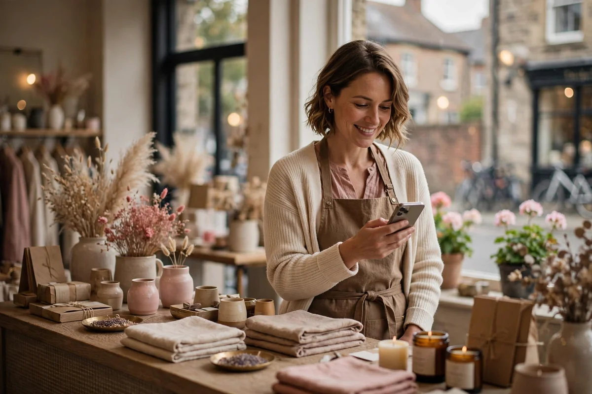 Independent shop owner in a UK town checking her phone