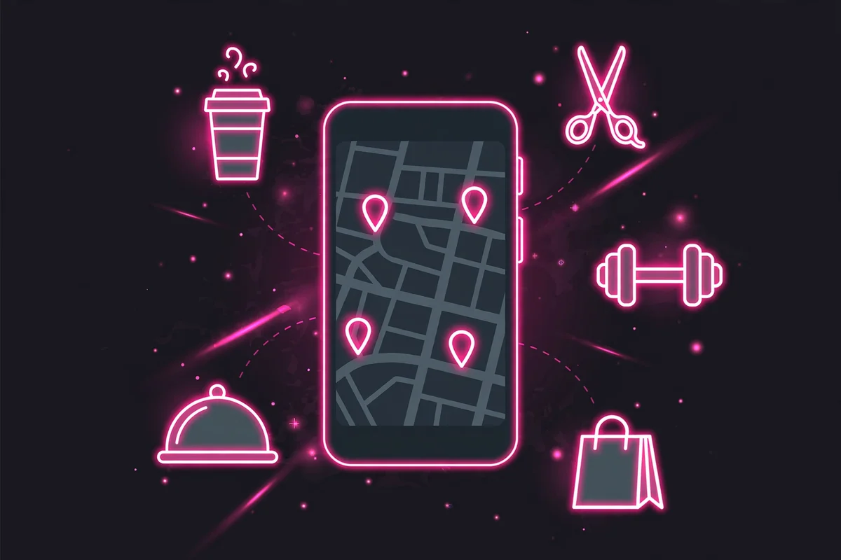 Illustration of local "near me" search with map pins for Leamington Spa businesses
