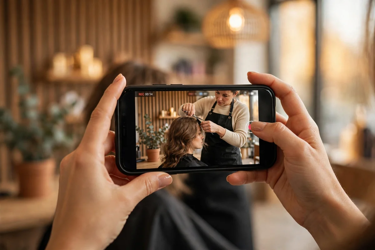Filming social media content in a salon for local marketing