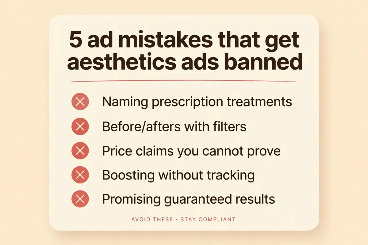 Checklist graphic: 5 ad mistakes that get aesthetics clinic ads banned