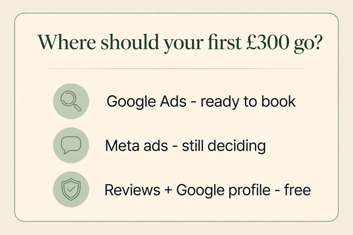 Graphic showing where a first £300 of med spa advertising budget should go: Google Ads, Meta ads, and free review building