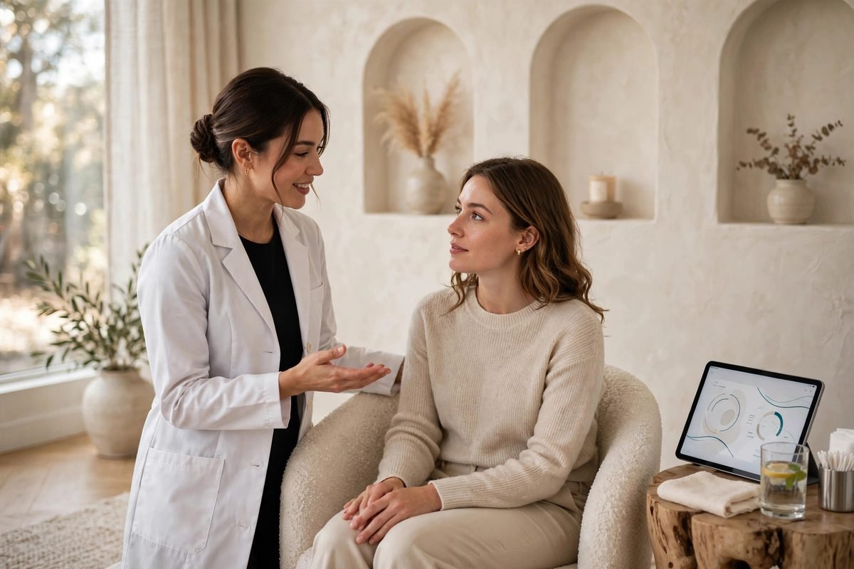 Aesthetic provider consulting with a client at a medical spa
