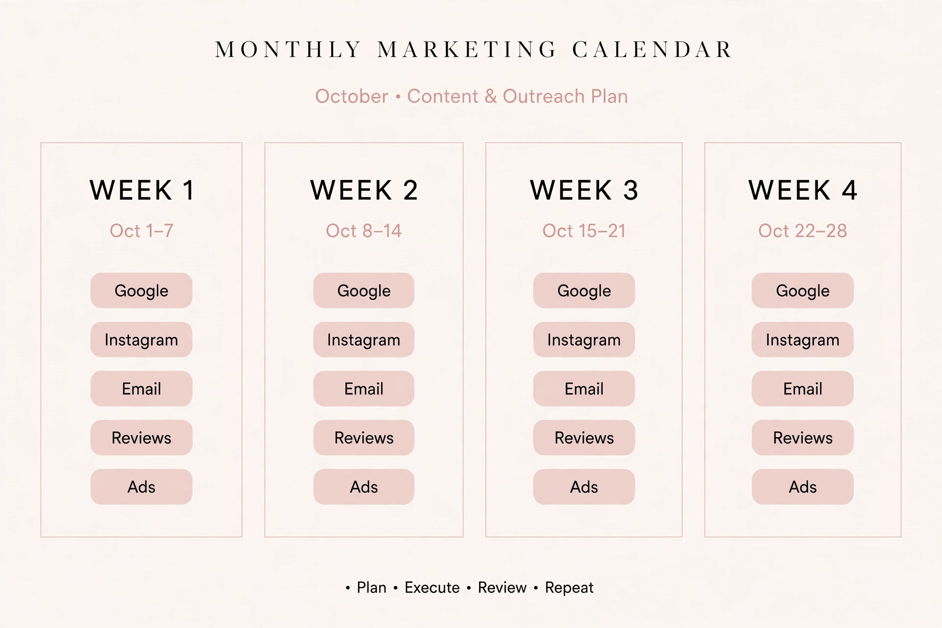 Monthly marketing calendar template for a med spa marketing plan