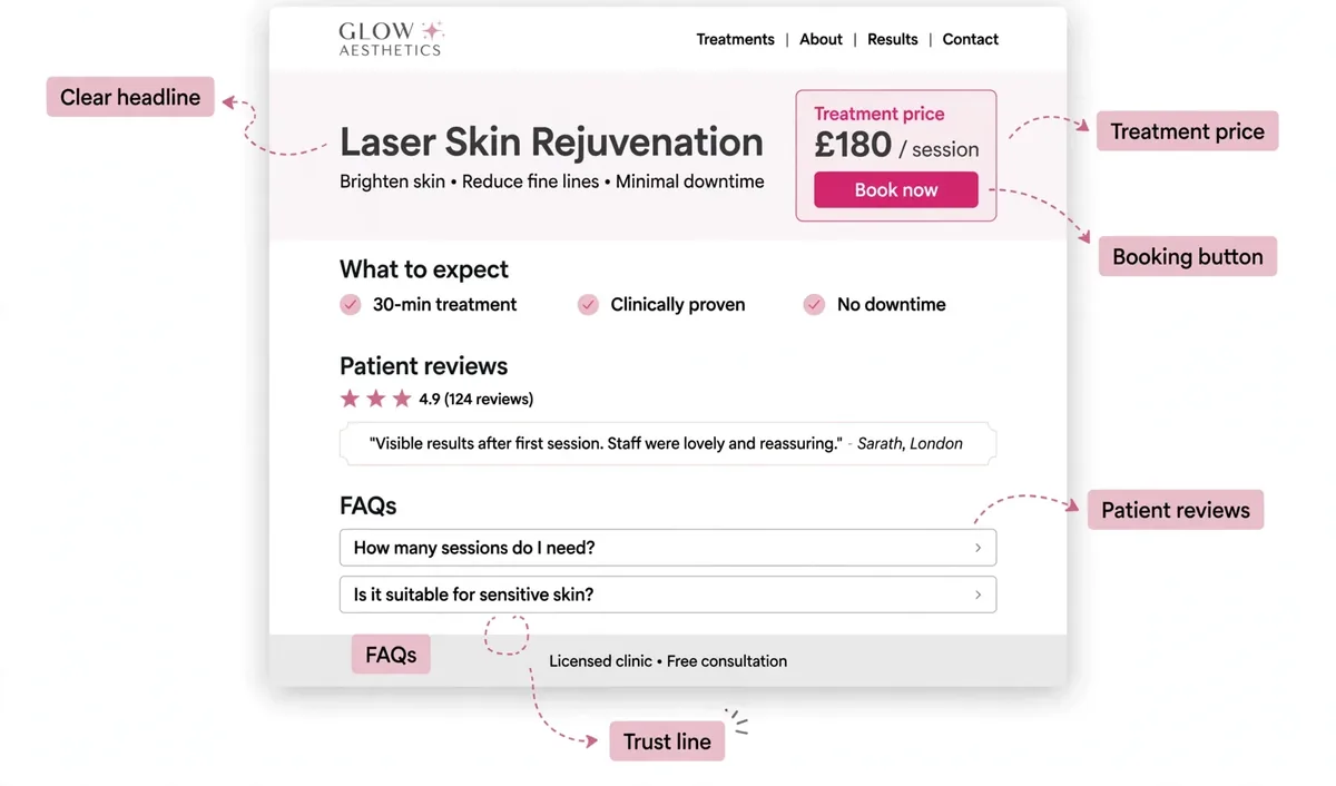 Annotated mockup: anatomy of a treatment page that converts