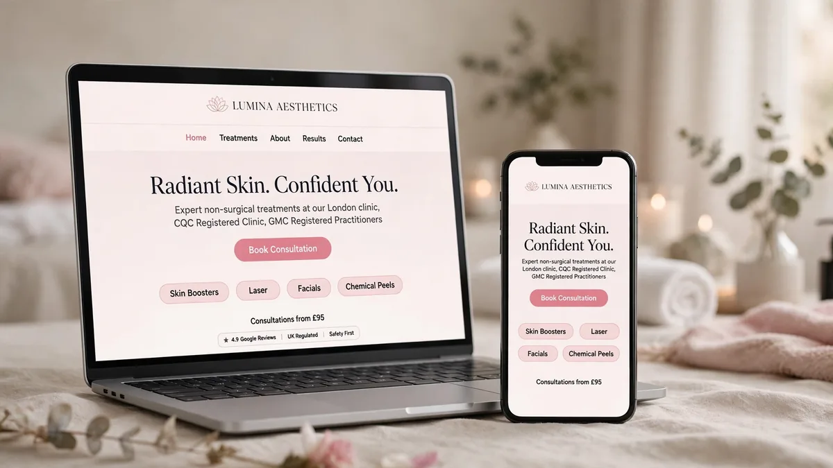Med spa web design for a UK aesthetics clinic, homepage mockup on laptop and phone