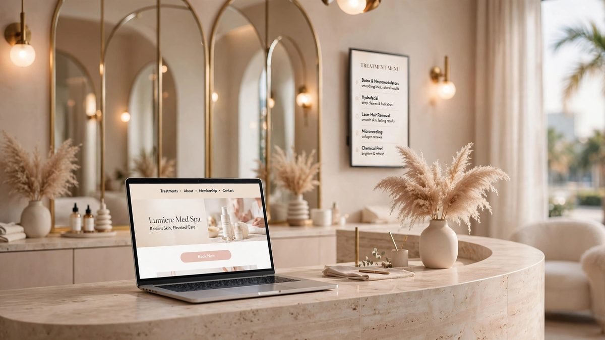 Med spa web design Tampa, premium med spa reception with laptop showing booking-first homepage