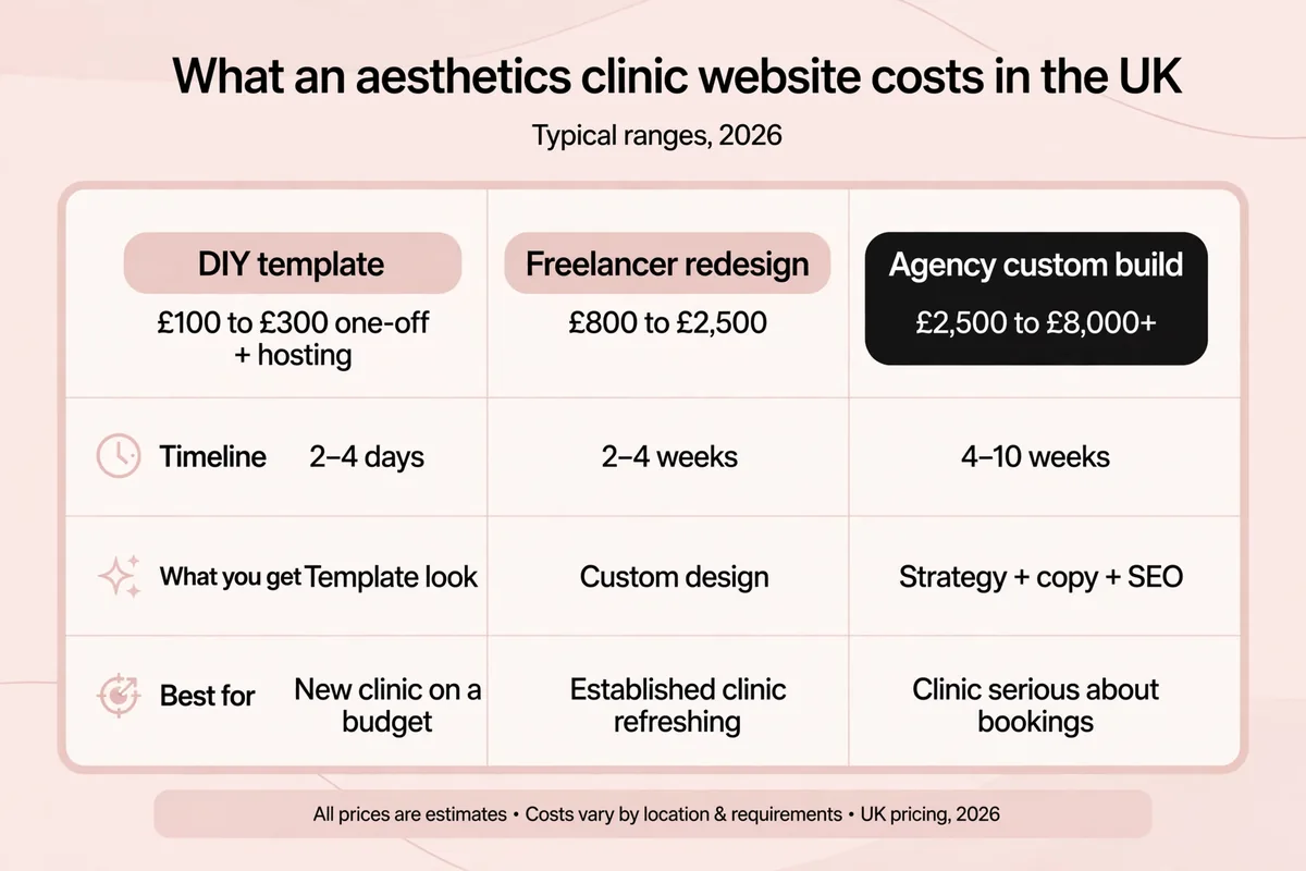 Typical UK costs for an aesthetics clinic website in 2026