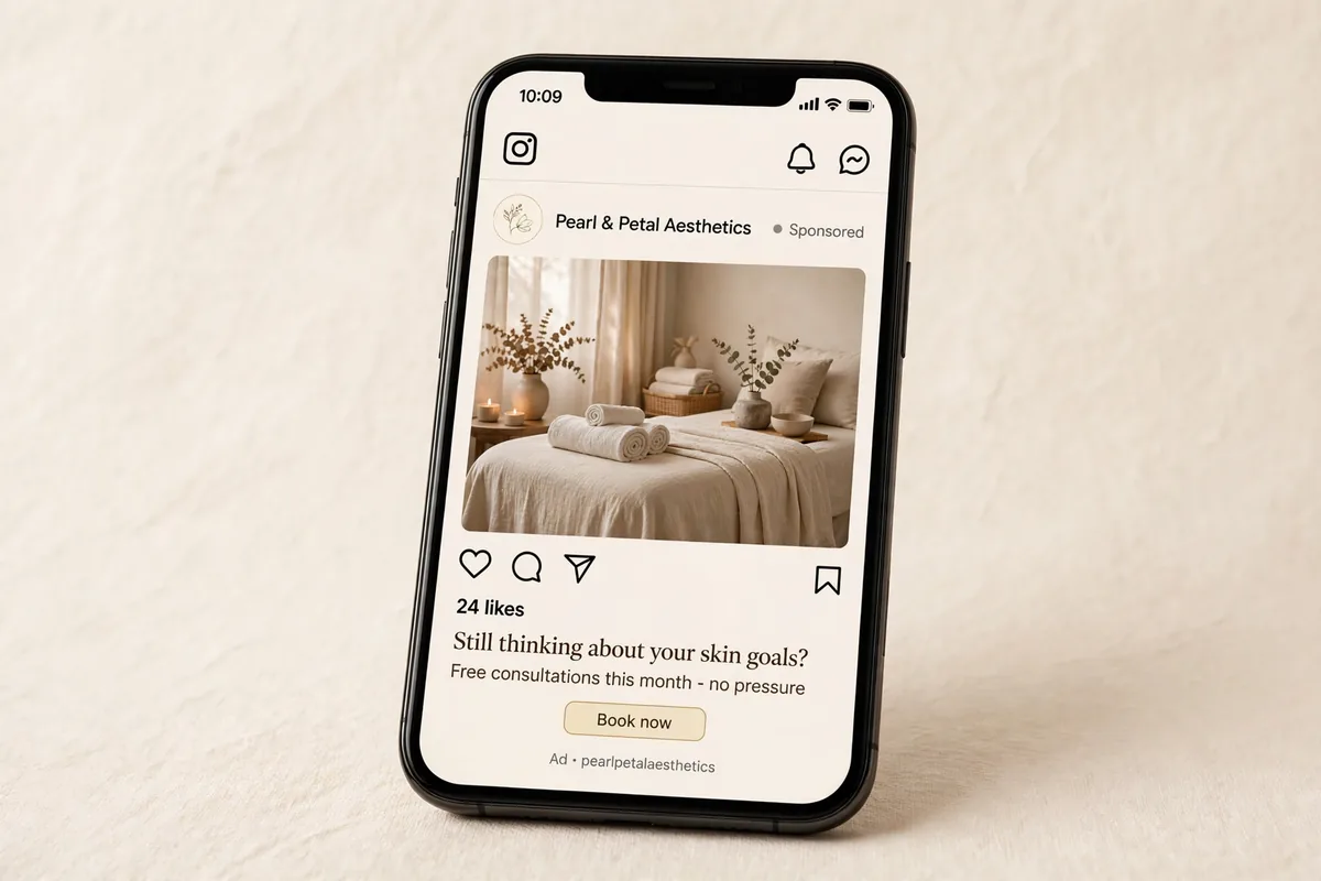 Mockup of a retargeting ad for a fictional aesthetics clinic reminding website visitors about free consultations