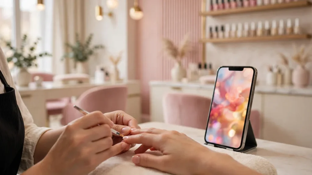 Nail salon advertising examples for UK nail salons, premium salon interior with phone showing an ad