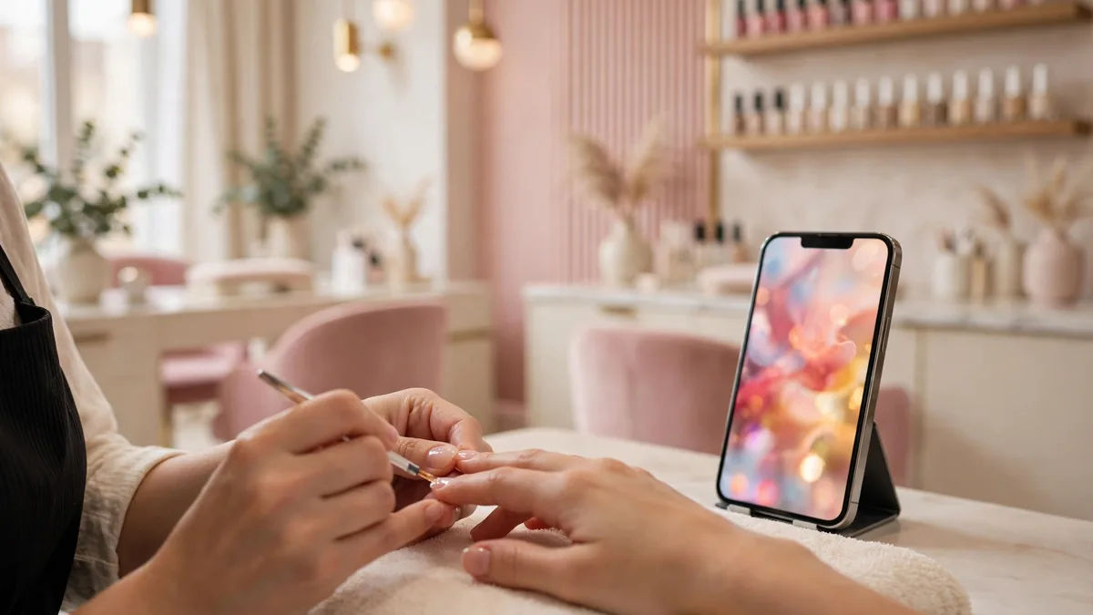 Nail salon advertising examples for UK nail salons, premium salon interior with phone showing an ad