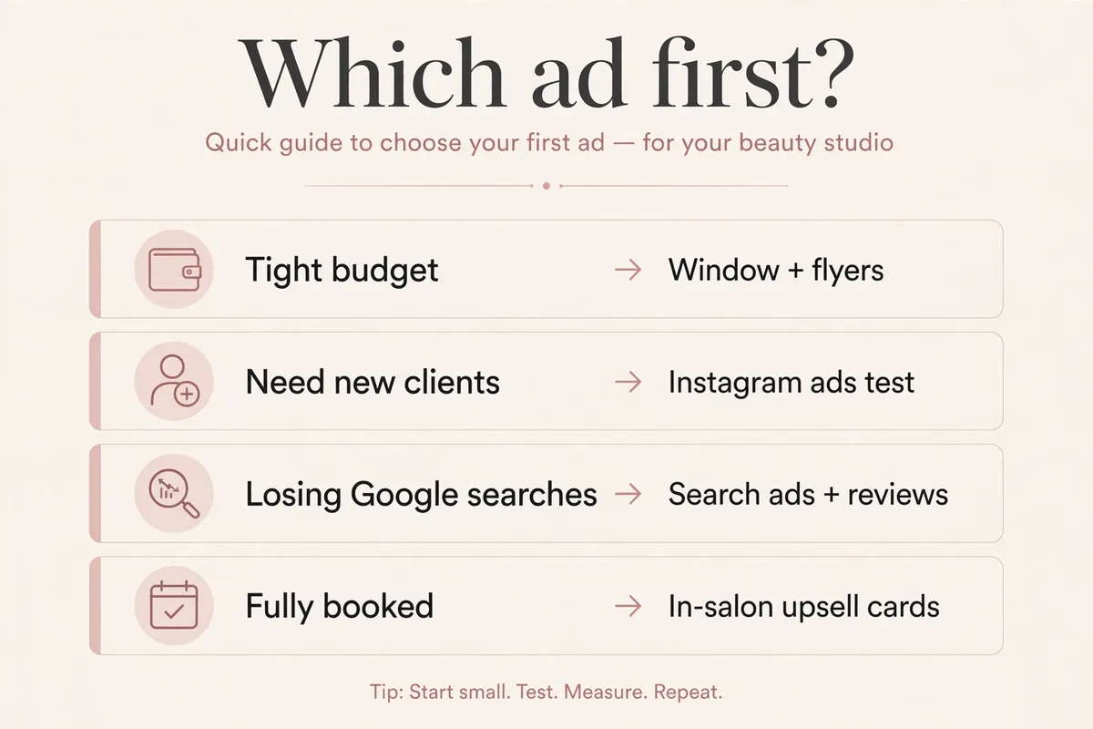 Decision graphic matching salon situations to the right ad format to run first