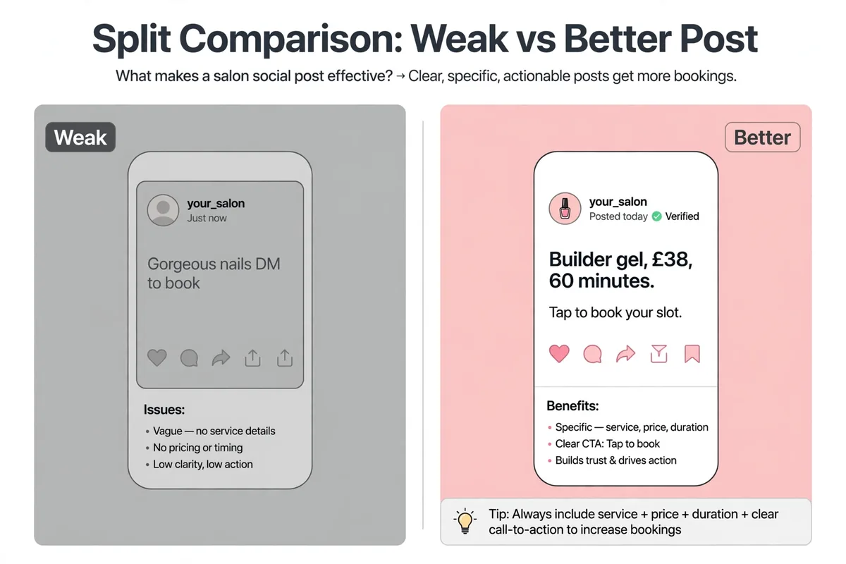 Before and after comparison of weak versus strong nail salon advertising wording