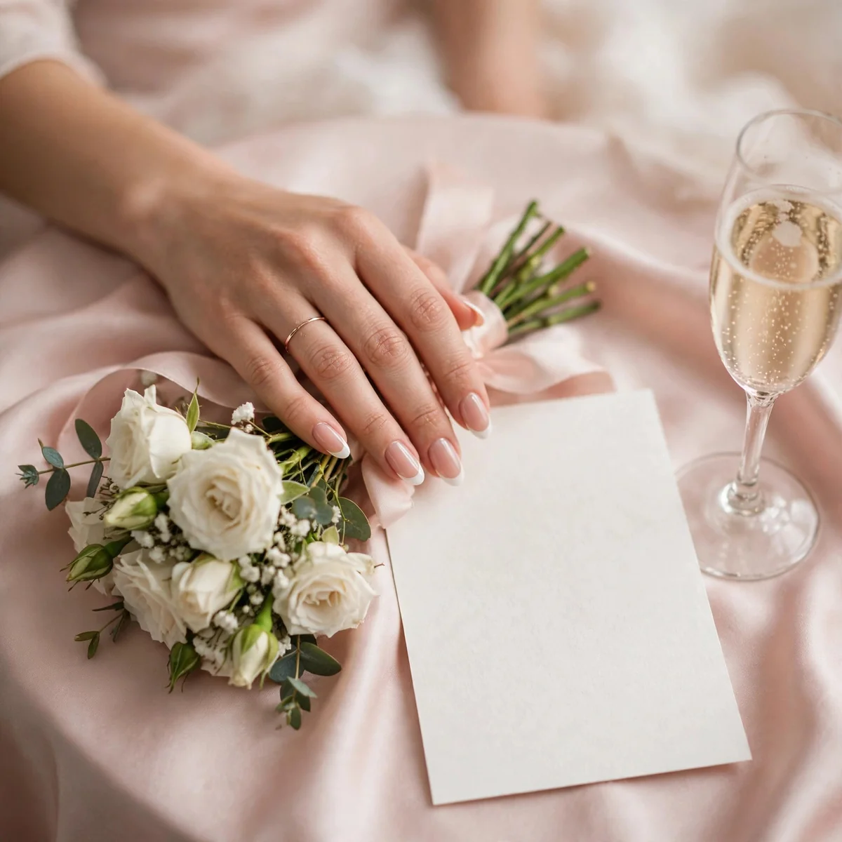 Bridal French-tip manicure with bouquet and champagne, nail salon bridal package marketing