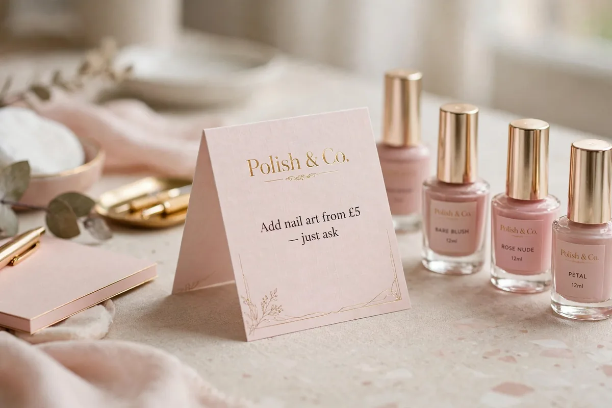 Tent card mockup on a nail desk for fictional Polish and Co offering nail art from £5