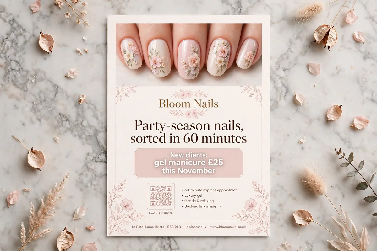 A5 flyer mockup for fictional Bloom Nails with offer, QR code and price list