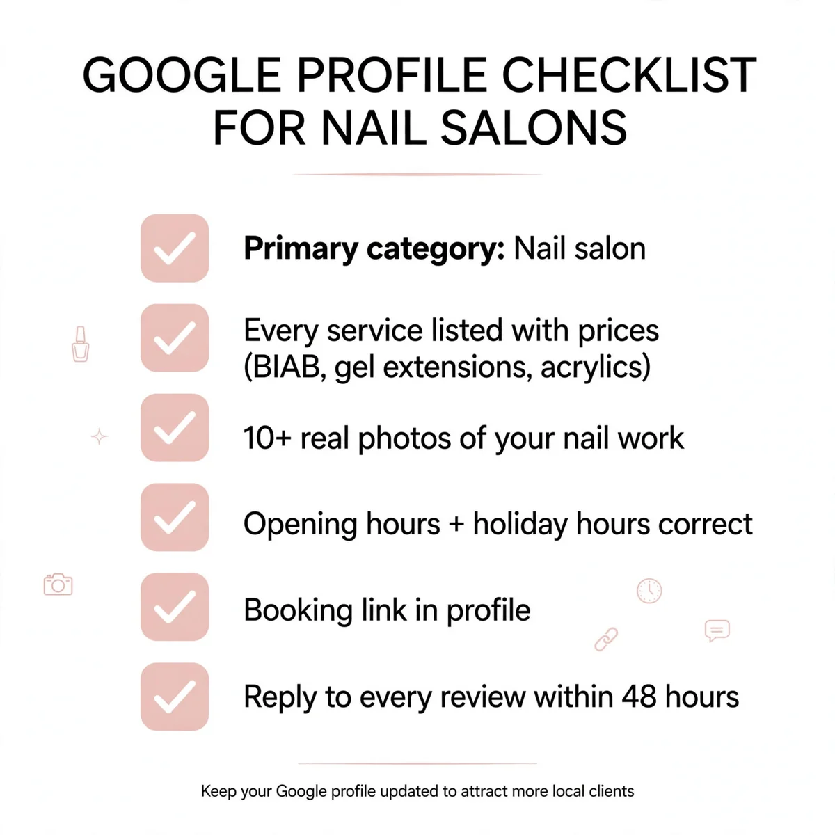 Google Business Profile checklist for nail salons, category, priced services, photos, hours, booking link, review replies