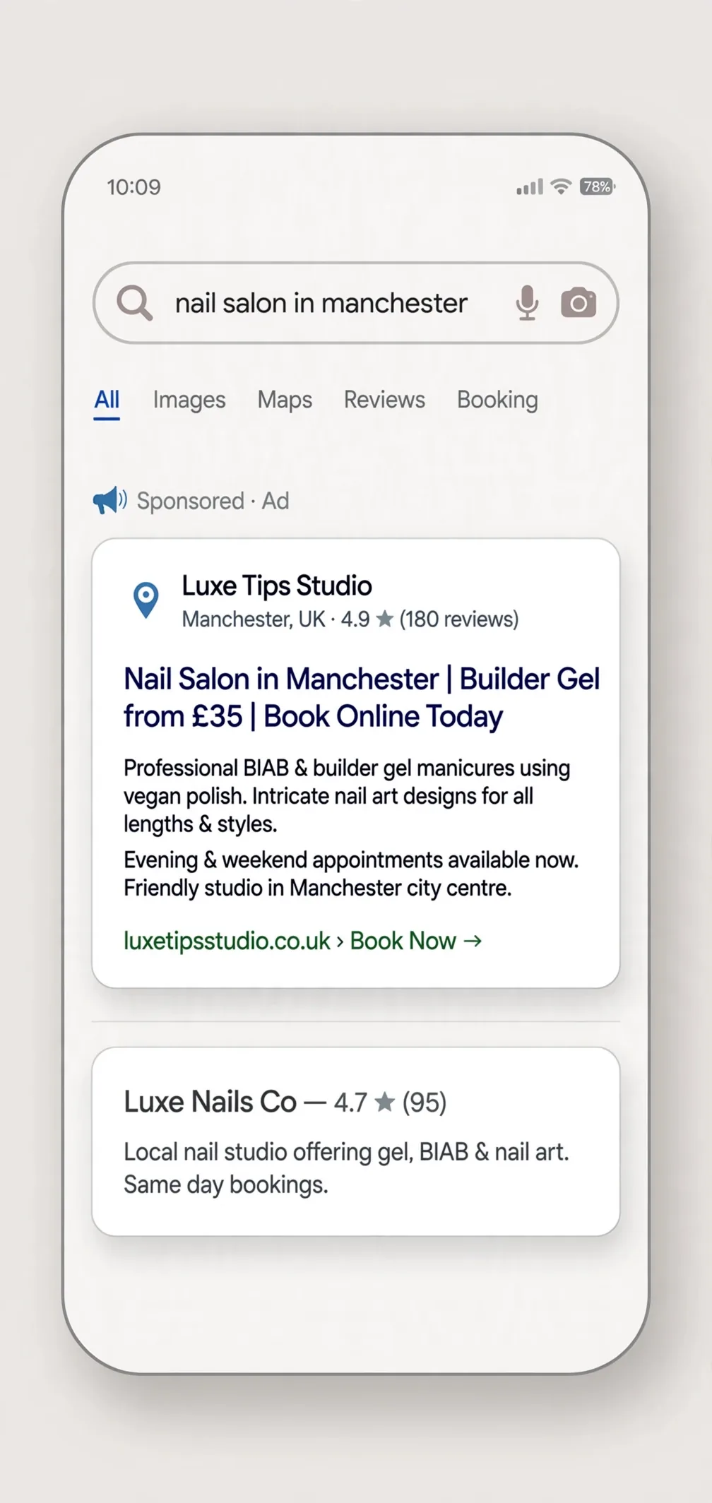 Stylised Google search ad mockup for fictional Luxe Tips Studio with location and price in headline