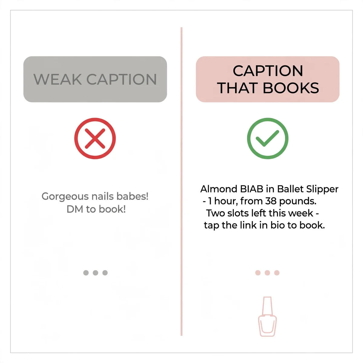 Before and after Instagram caption rewrite for a nail salon marketing example