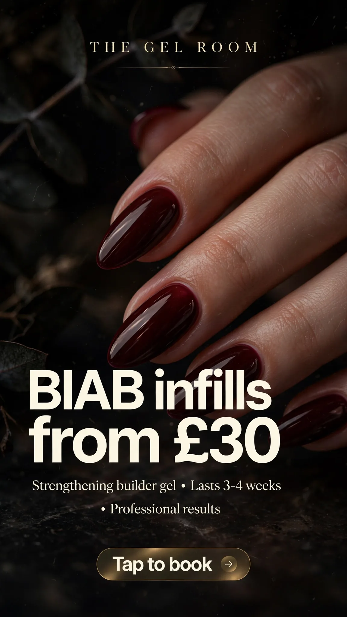 Vertical Instagram Story ad mockup for fictional nail salon The Gel Room with BIAB infill offer