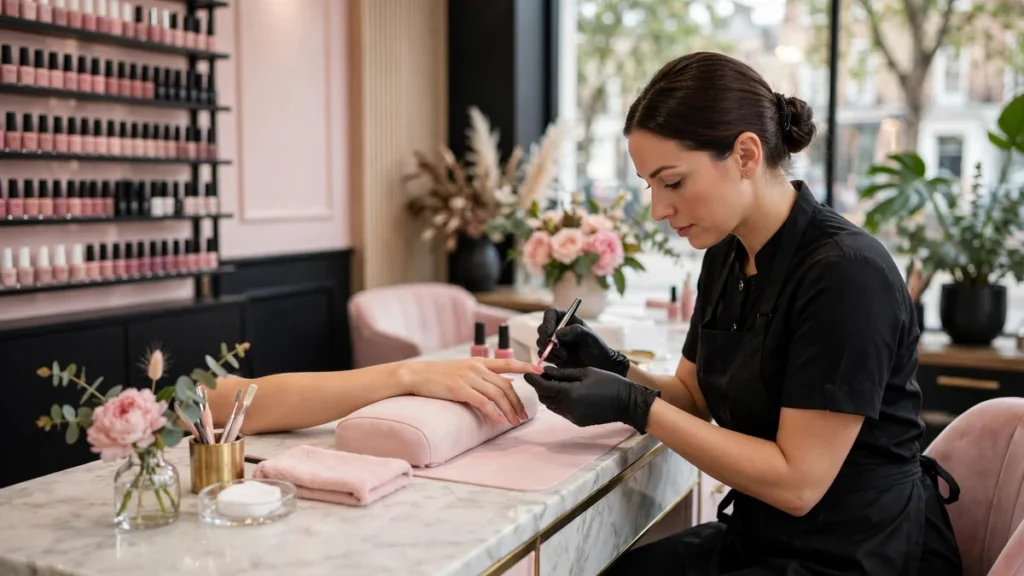 Nail salon marketing, premium UK nail salon interior with technician at work