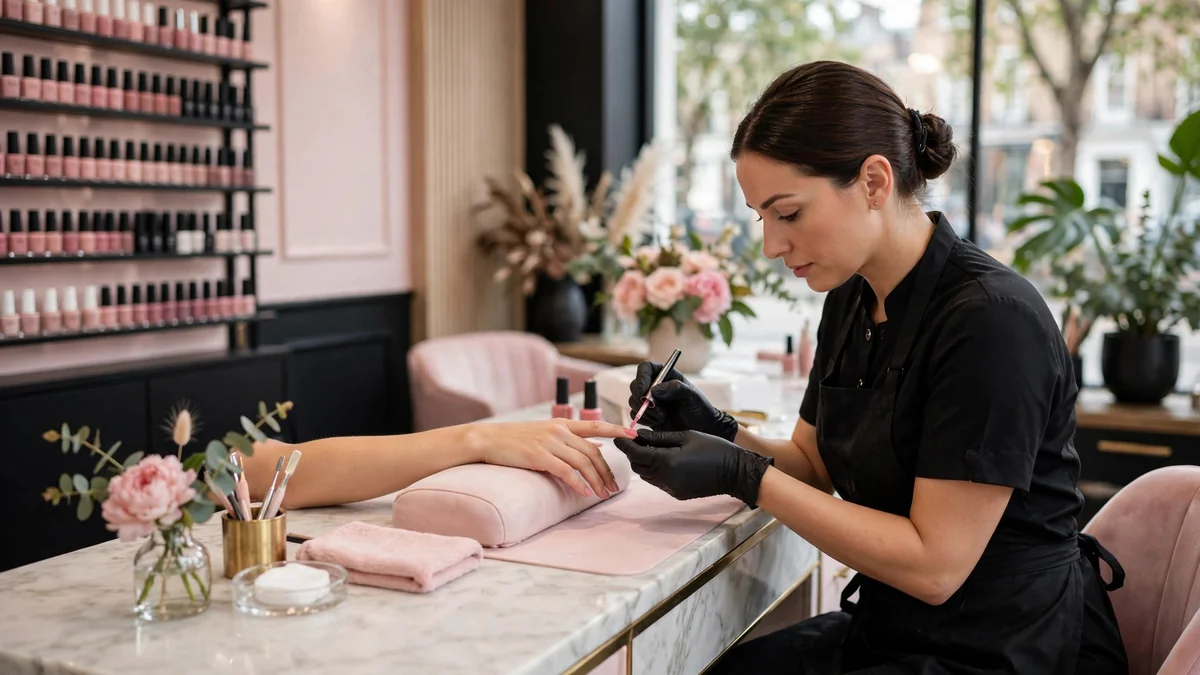 Nail salon marketing, premium UK nail salon interior with technician at work