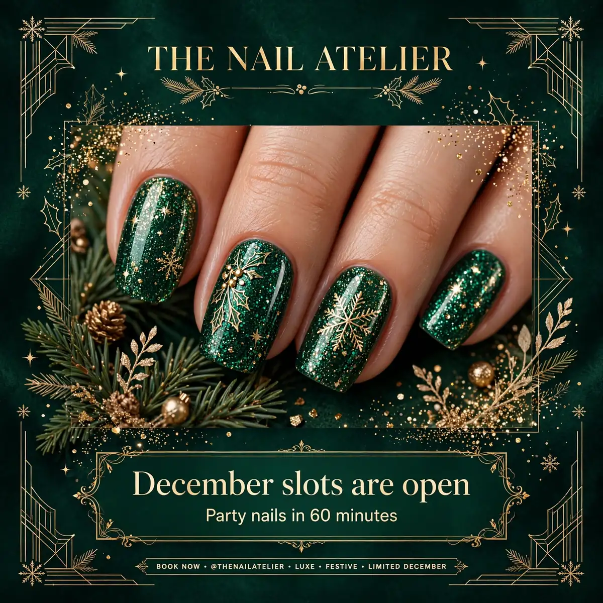 Festive Instagram ad mockup for fictional The Nail Atelier with December slots offer