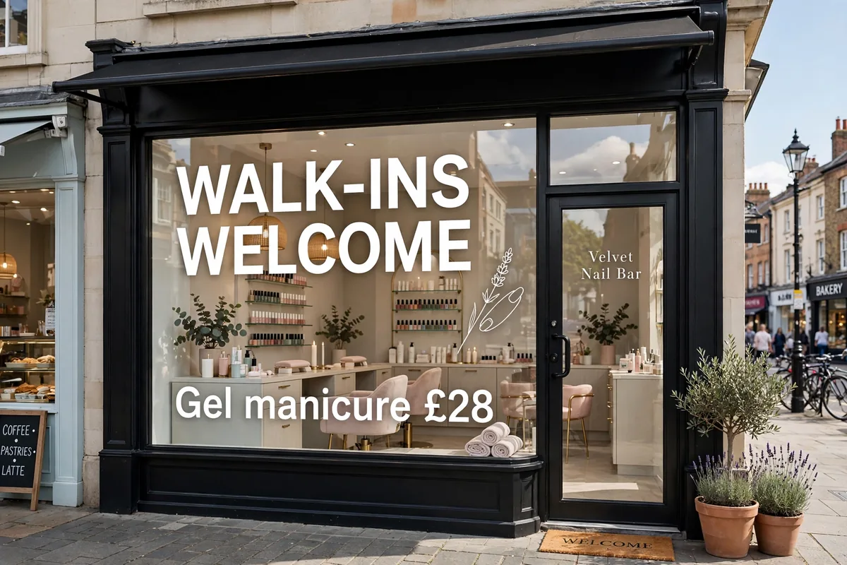 Shop window mockup for fictional Velvet Nail Bar with walk-ins welcome vinyl lettering and price