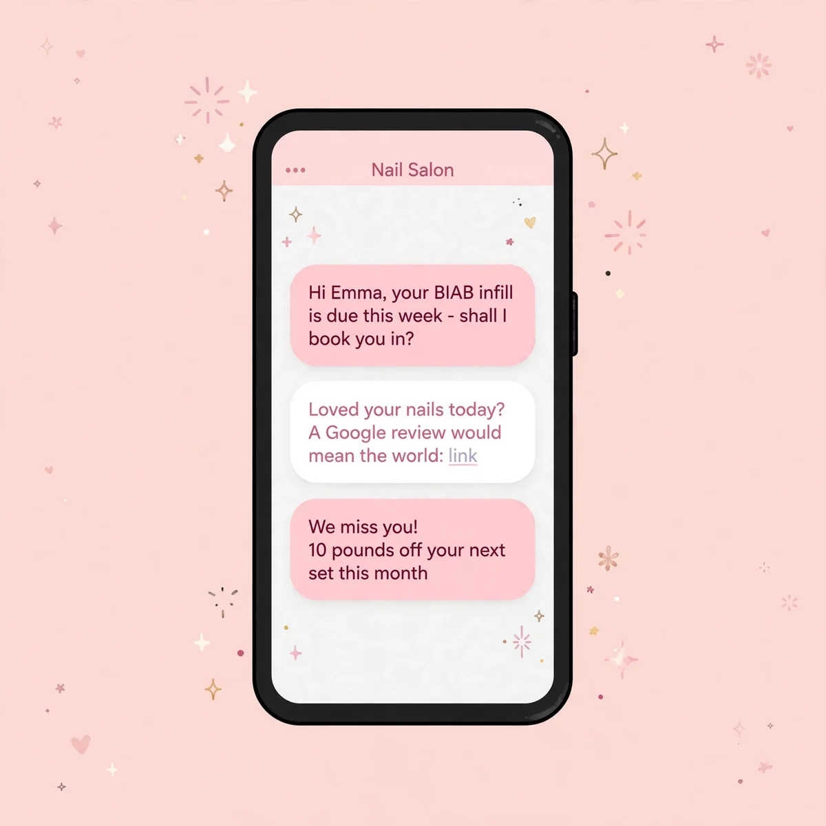 Phone mockup showing three nail salon SMS templates, infill reminder, review request and win-back message