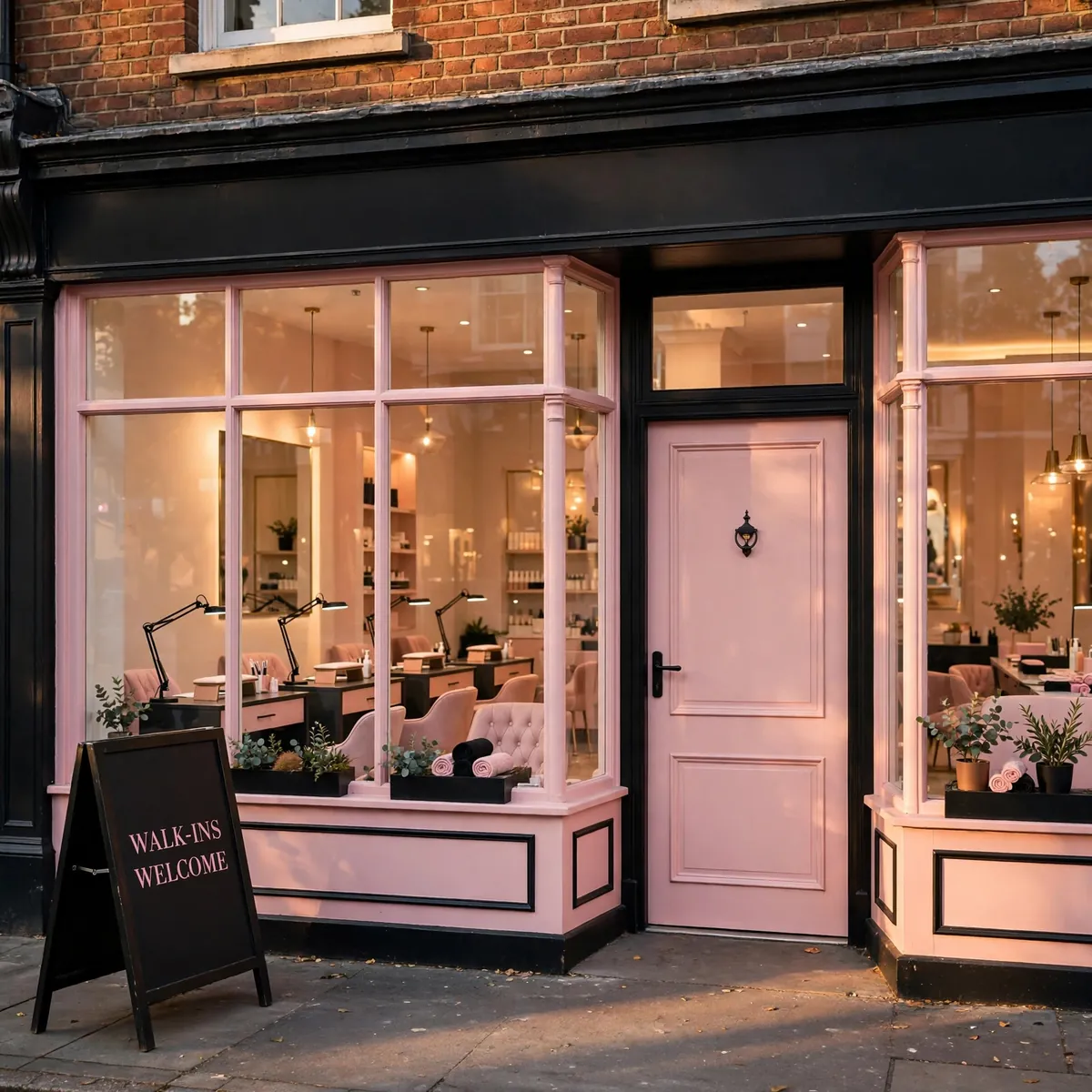 UK high-street nail salon shopfront with walk-ins welcome A-board sign