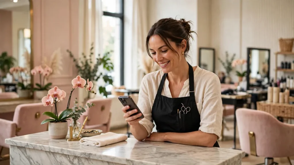 Online salon marketing: UK salon owner checking her salon's Google visibility on her phone