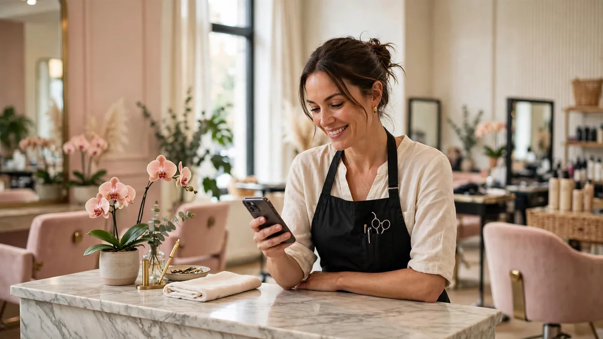 Online salon marketing: UK salon owner checking her salon's Google visibility on her phone