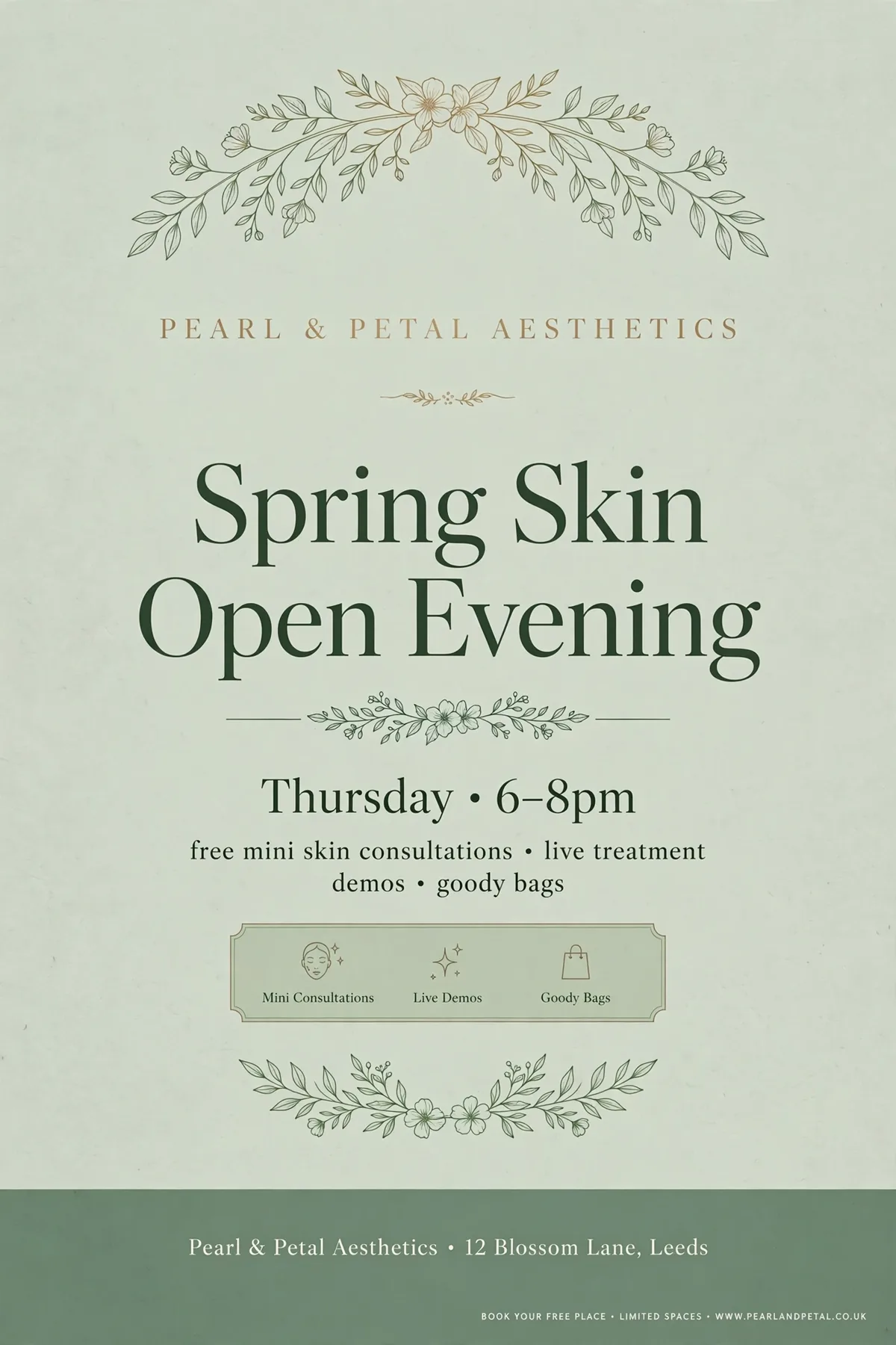 Mockup of an open evening event poster for a fictional UK aesthetics clinic