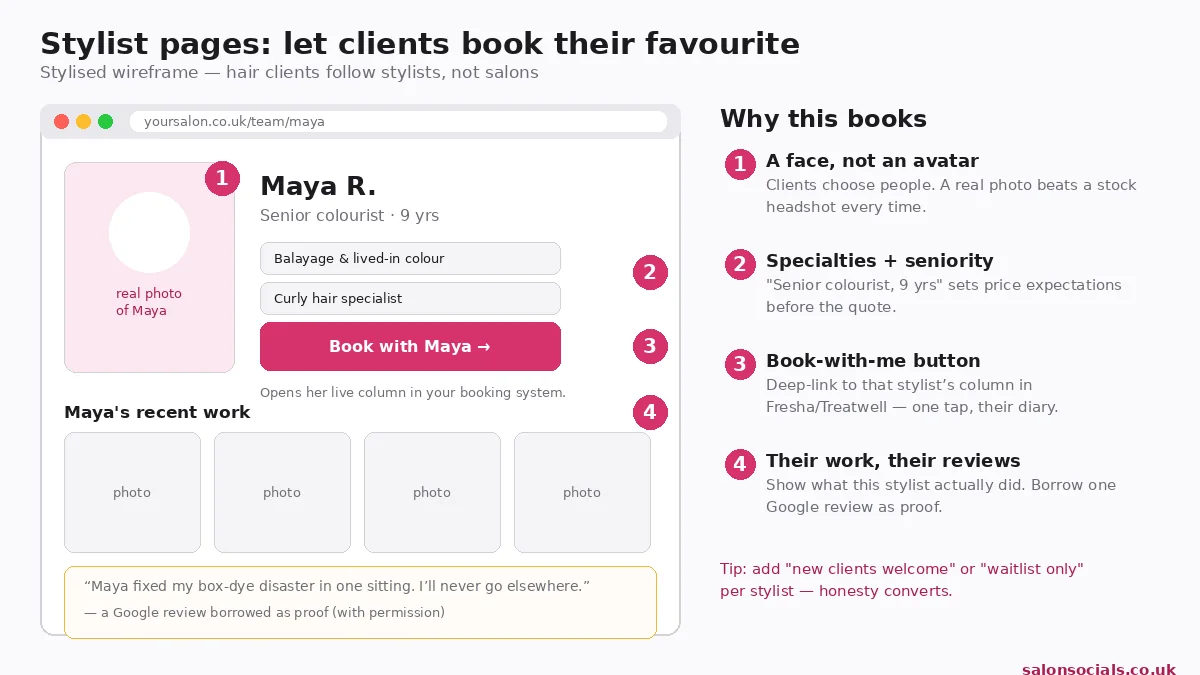 Hair stylist profile page wireframe with book-with-me button