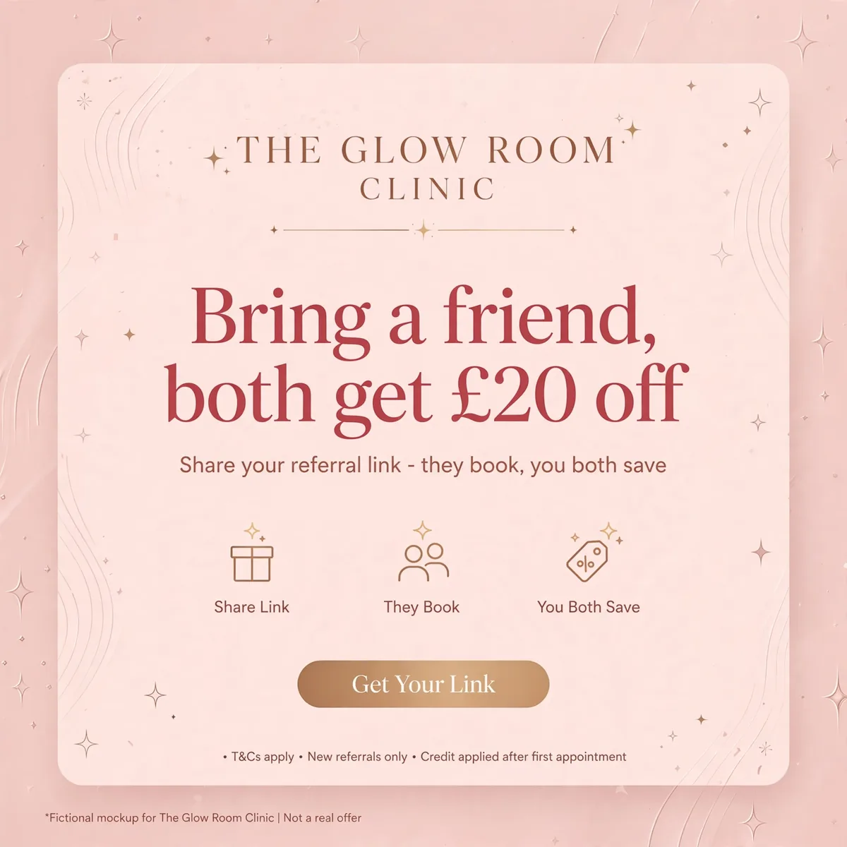 Mockup of a referral offer card for a fictional aesthetics clinic: bring a friend, both get £20 off