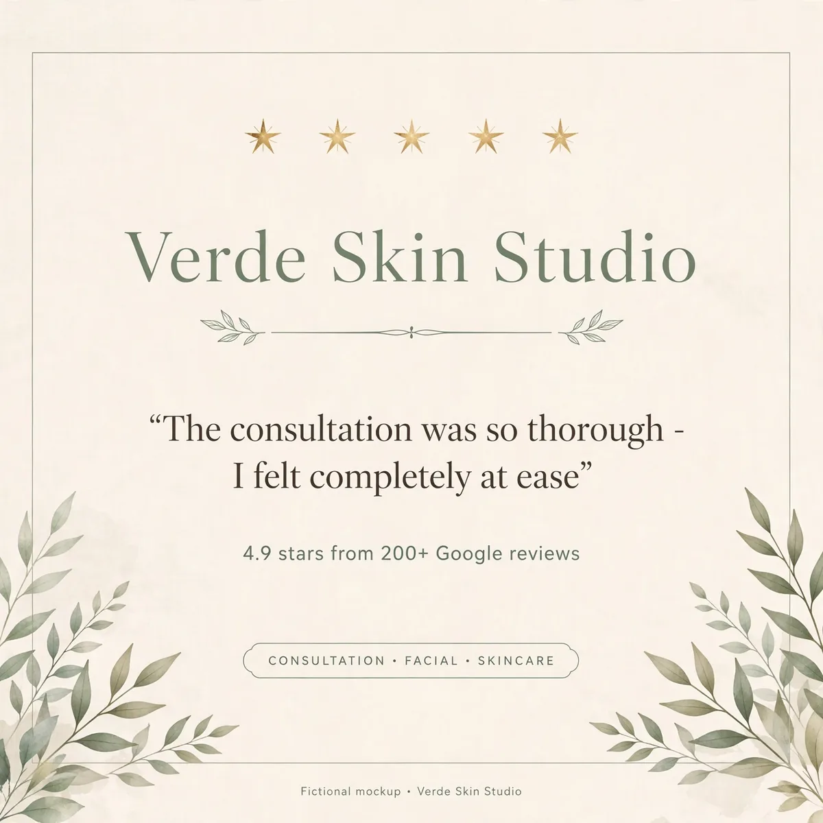 Mockup of a review-based ad creative for a fictional aesthetics clinic featuring a five-star client review