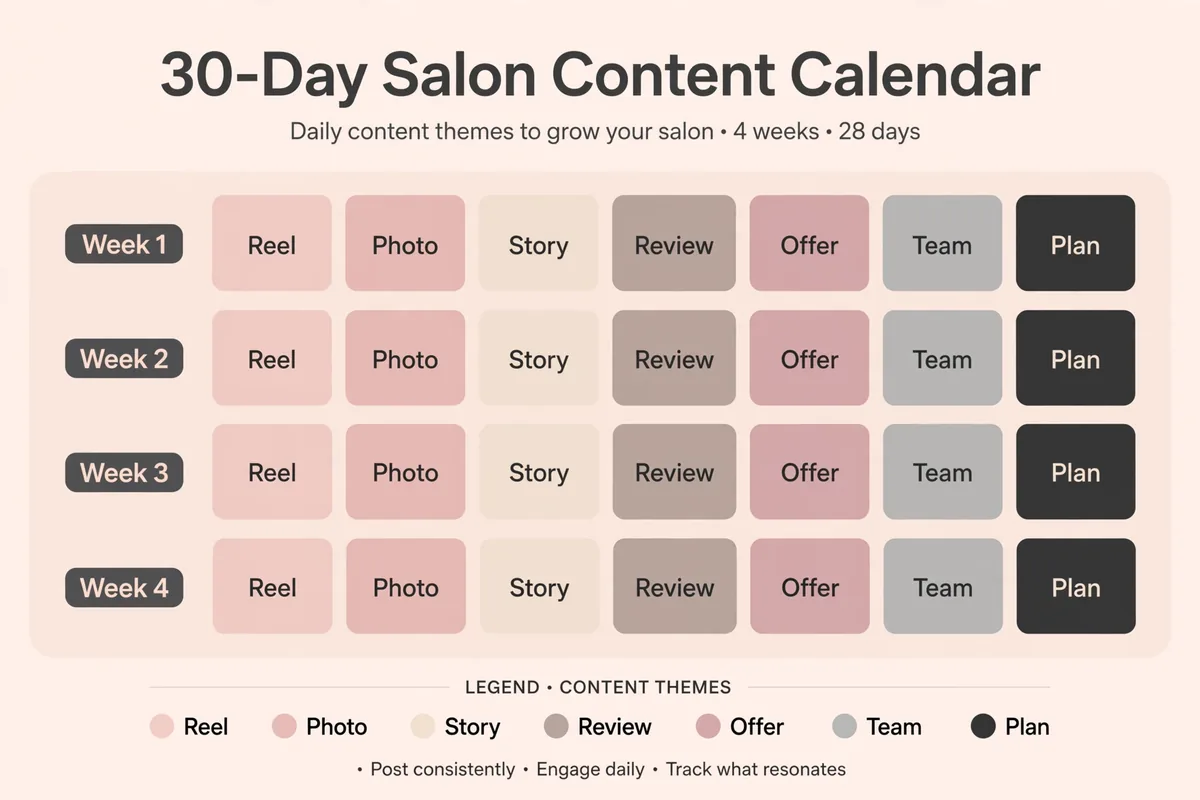 Salon marketing ideas social media 30-day content calendar graphic showing four weeks of daily content themes: reels, photos, stories, reviews, offers, team and planning days