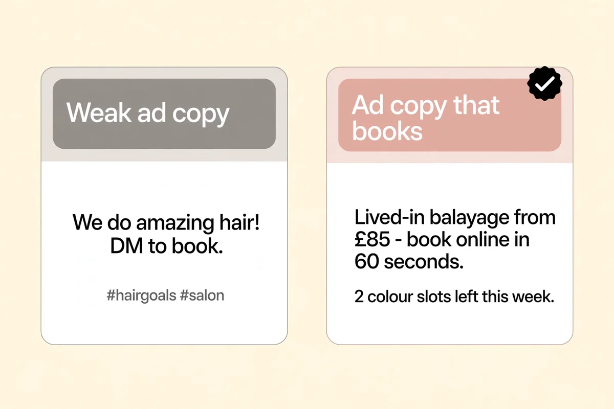 Before and after, weak salon ad copy versus ad copy that books