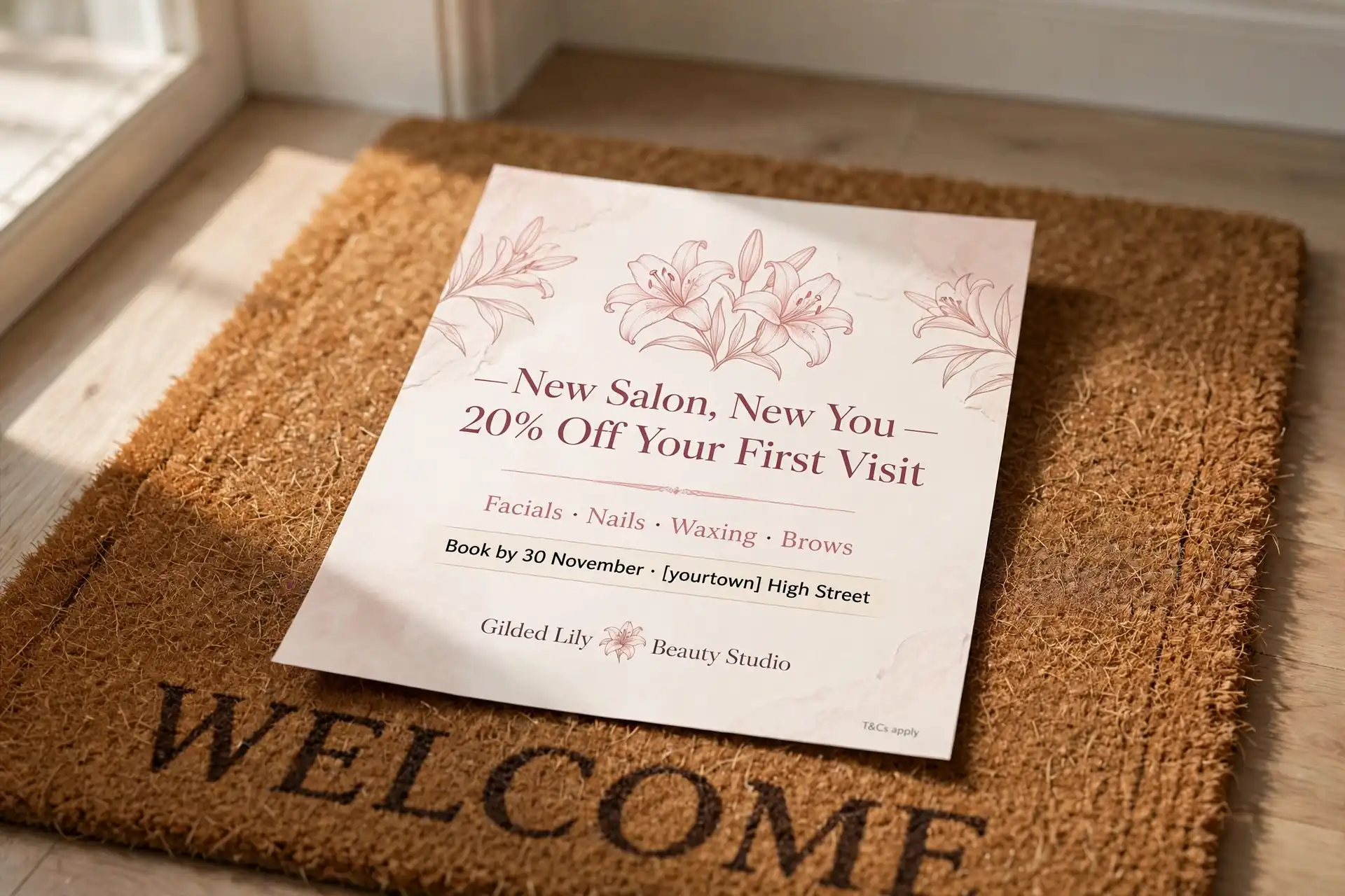 Mockup of a letterbox flyer for the fictional salon Gilded Lily Beauty Studio offering 20 percent off a first visit