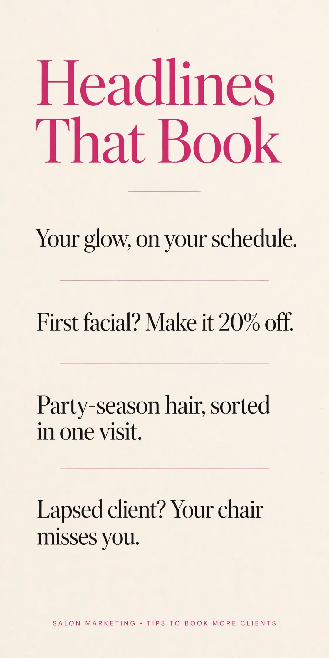 Typographic graphic showing four example salon advertising headlines