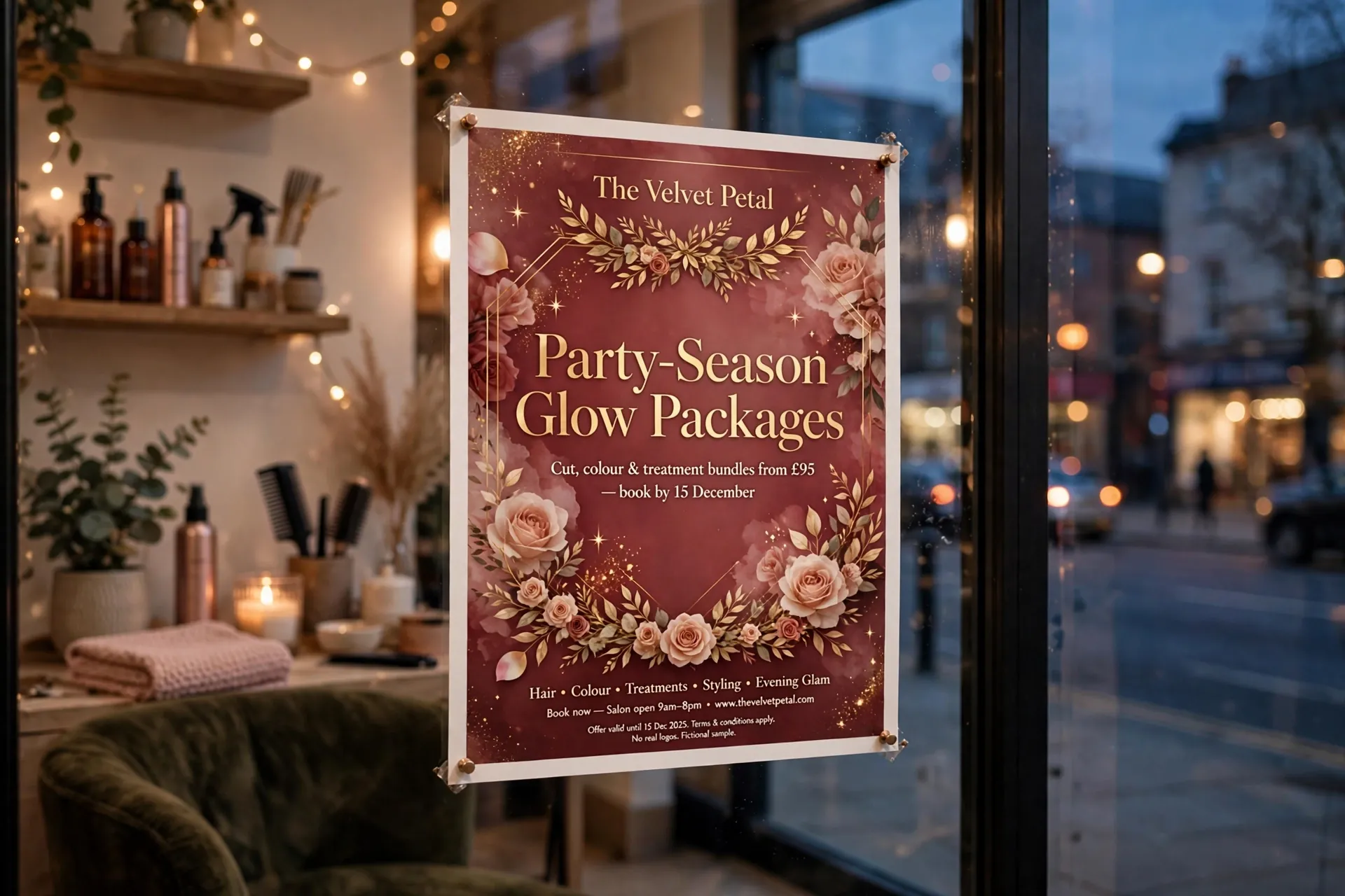 Mockup of a Christmas party-season advertising poster for the fictional salon The Velvet Petal in a salon window